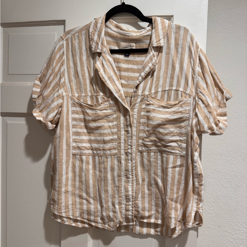 White & Tan Linen Button Down Shirt